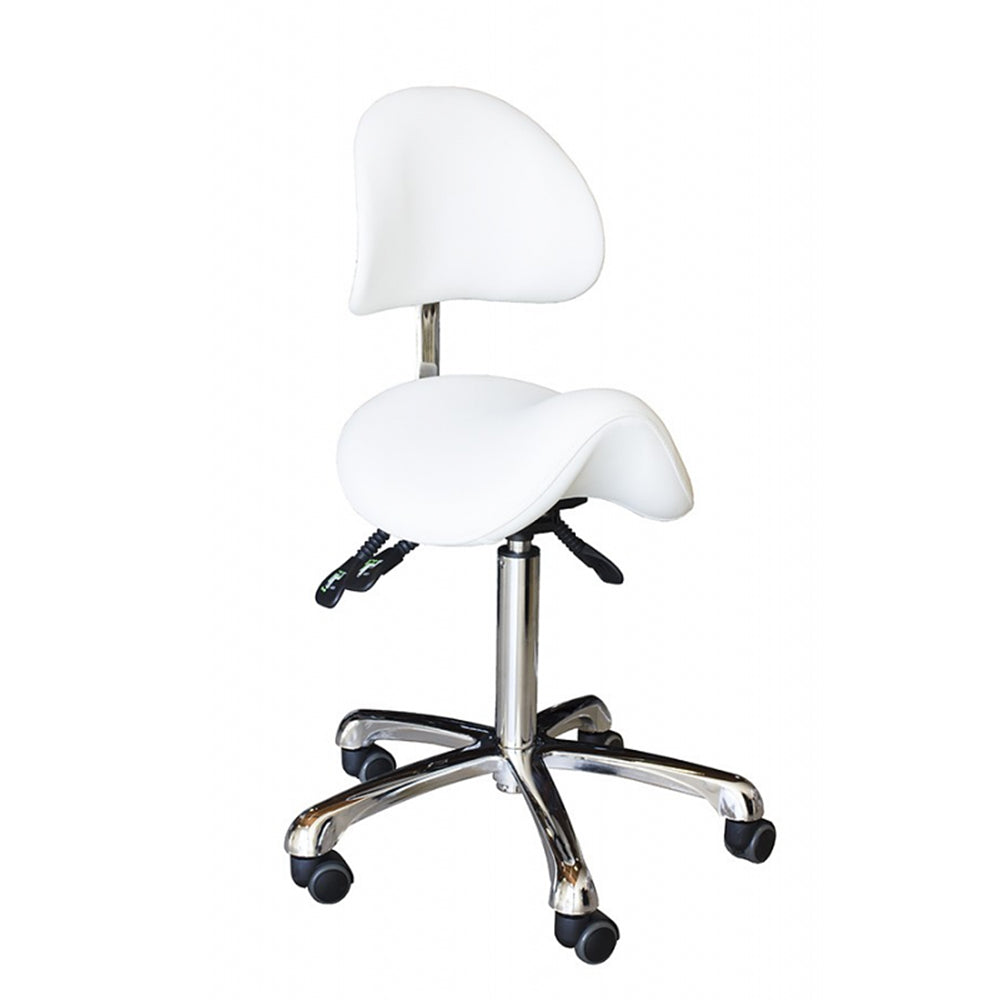 Adjustable Hydraulic Saddle Shape Stool with back support on wheels | White