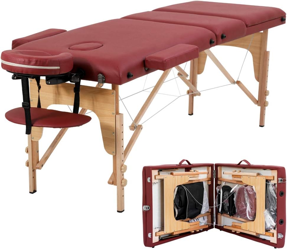 Portable Massage Spa Bed 180*60cm | Wood | 3 Zones | Burgundy