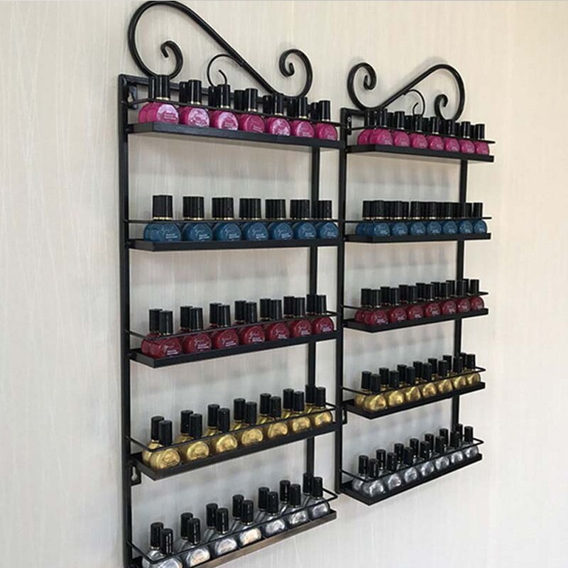 5-Tier Wall-Mounted Iron Nail Polish Display Rack (1 pair) | Black (rack only)