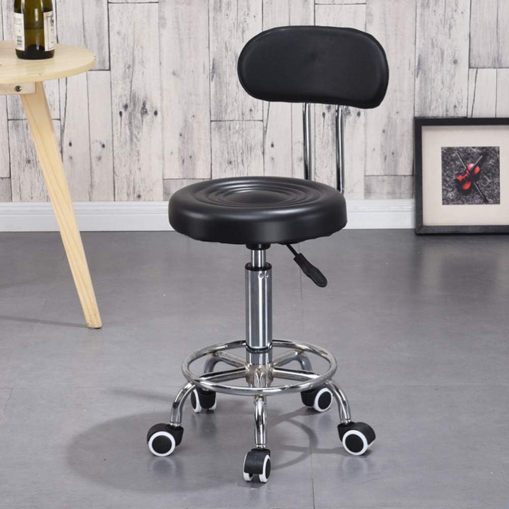 Adjustable Stool on wheels with footrest & backrest - Round - Black