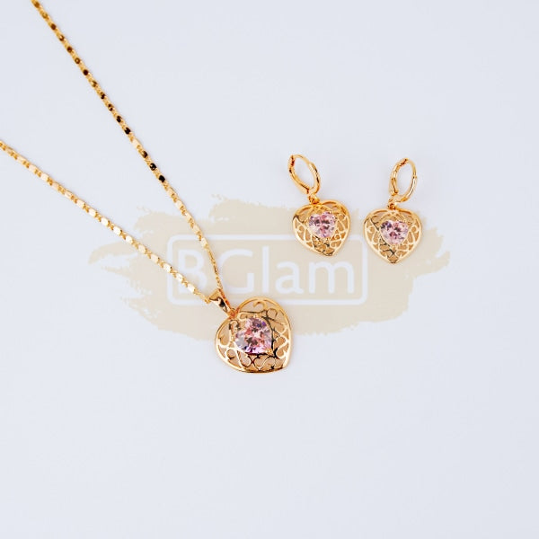 Fashion Jewelry Set Earrings + Pendant Heart Shaped with Pink Stone 10