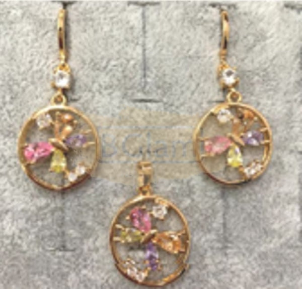 Fashion Jewelry Set Earrings + Pendant Ring with Multi Colored Stones 12