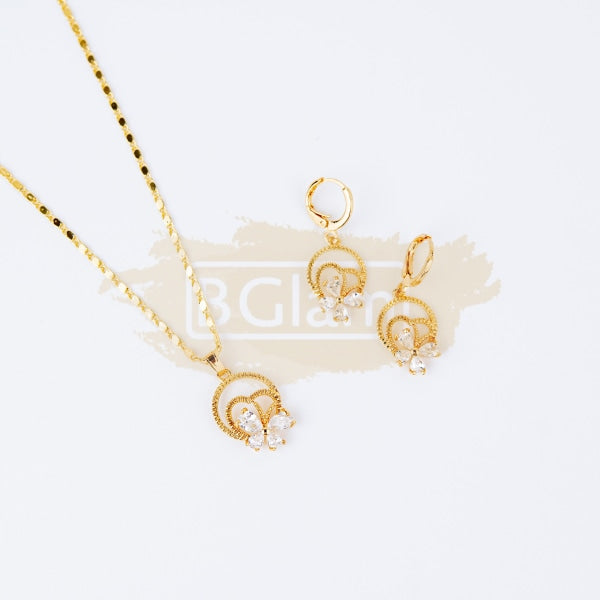 Fashion Jewelry Set Earrings + Pendant with White Stones Butterfly 9