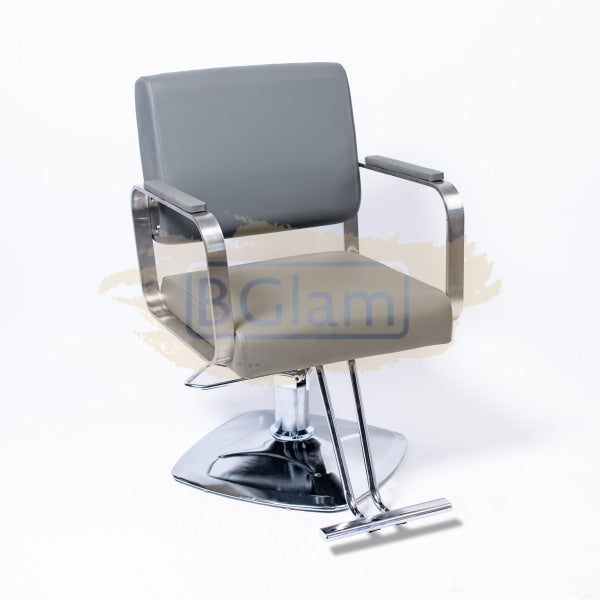 Modern Salon Styling Chair with Hydraulic Lift - Square Disc Plate - Grey/Silver