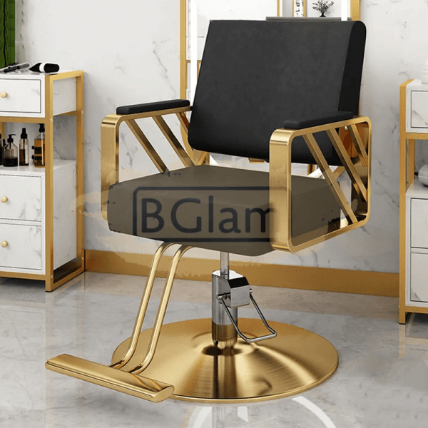 Modern Salon Styling Chair with Hydraulic Lift and Diagonal Titanium Stripes Handle - Disc Plate - Black/Gold