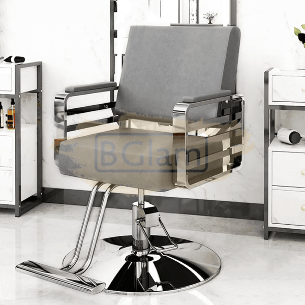 Modern Salon Styling Chair with Hydraulic Lift and Titanium Stripes Handle - Square Disc Plate - Grey/Silver