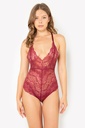 Miorre Adjustable Cross Strap Lace Bodysuit Babydoll  - BURGUNDY