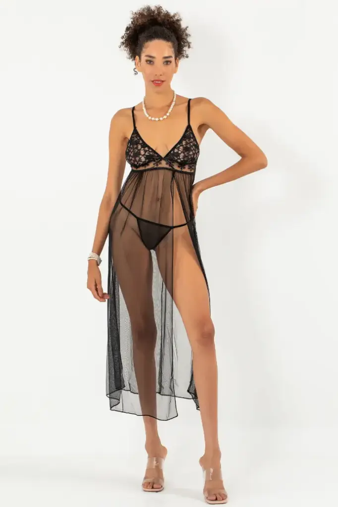Phevos Lace Detailed 2-piece Long Nightgown Set  - BLACK
