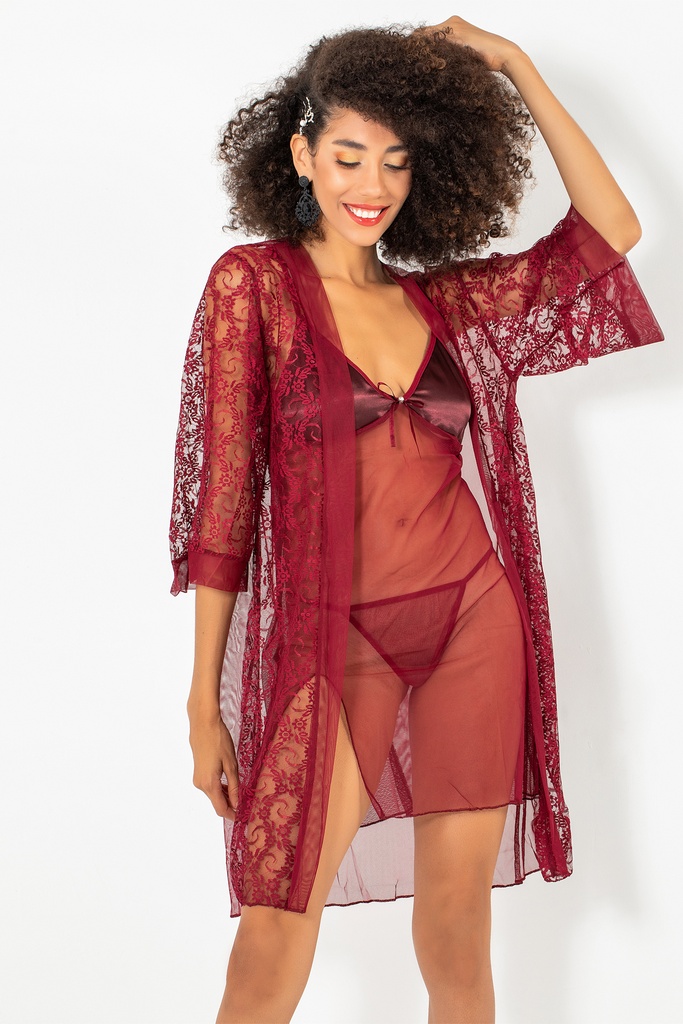 Phevos 3-piece Nightgown and Dressing Gown  - BURGUNDY