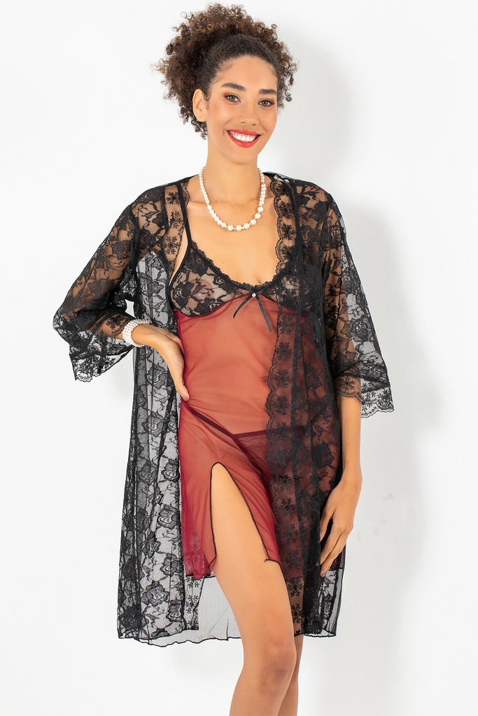 Phevos 3-piece Nightgown and Dressing Gown  - BURGUNDY