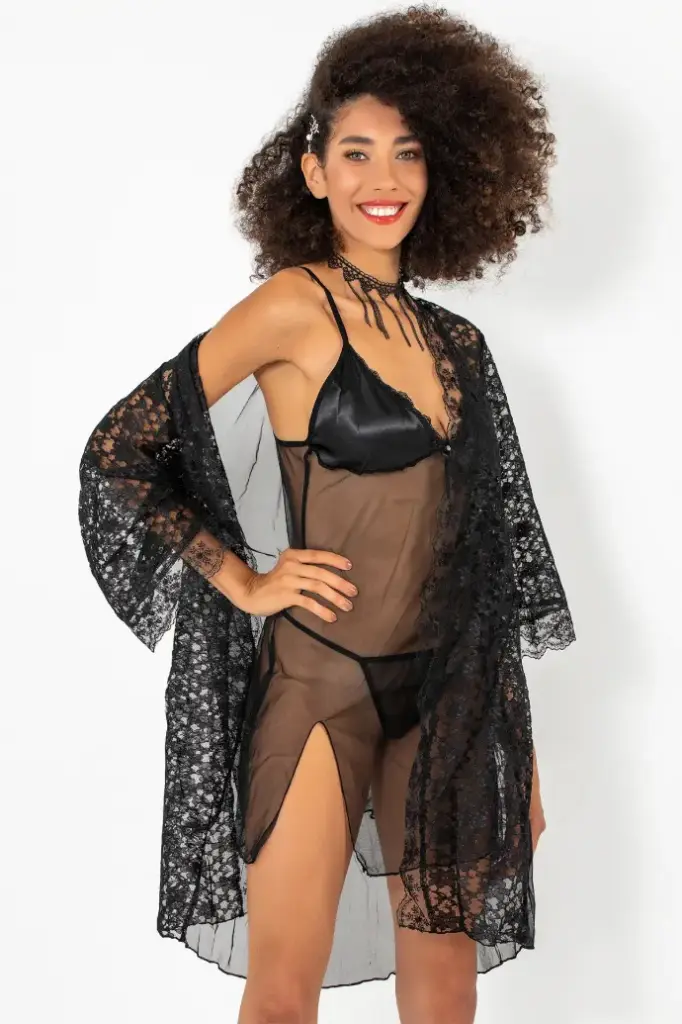 Phevos 3-piece Nightgown and Dressing Gown  - BLACK