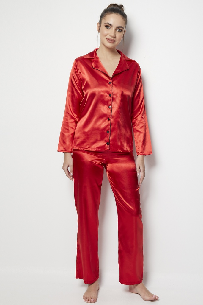 Miorre Women's Long Sleeve Front Buttoned Satin Pajamas Set - RED